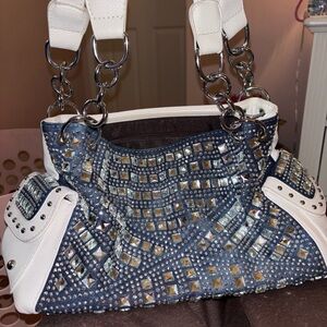 Studded Blue & White Shoulder Bag with Silver Accents